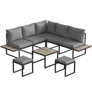 Outsunny Salotto da giardino esterno 6 persone modulabile tavolino e piani laterali in legno PSPC cuscini spessi 10 cm grigio | Aosom Italy