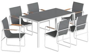 Outsunny Set Tavolo e Sedie da Giardino con Piano in Vetro Temperato e 6 Sedie Traspiranti per Terrazza Patio Bianco e Grigio | Aosom Italy
