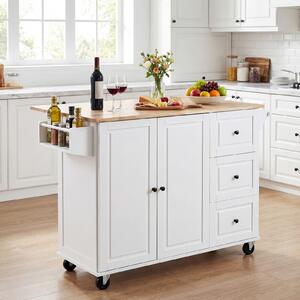 Costway Carrello cucina isola con ripiano ribaltabile e ruote, Carrello 3 cassetti e armadietto porta spezie e portasciugamani Bianco