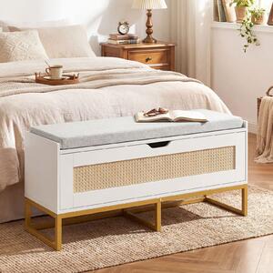 Costway Cassa portaoggetti rattan panca scarpe seduta imbottita, Cassa coperchio ribaltabile cerniere sicurezza spazio nascosto Bianco