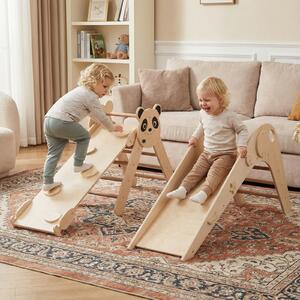 Costway Set triangolo arrampicata Montessori pieghevole a tema panda, Parco giochi per bambini con scivolo rampe e scala Naturale  