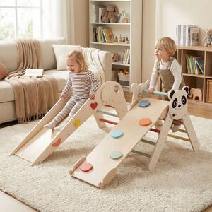Costway Set triangolo arrampicata Montessori pieghevole a tema panda, Parco giochi per bambini con scivolo rampe e scala Beige