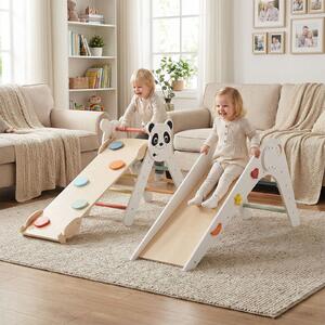 Costway Set triangolo arrampicata Montessori pieghevole a tema panda, Parco giochi per bambini con scivolo rampe e scala Bianco