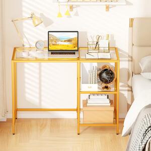 Costway Scrivania in vetro temperato con struttura in acciaio e 2 ripiani, Tavolo salvaspazio per casa e studio 106 x 51 x 77,5 cm Oro