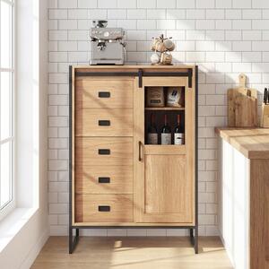 Costway Armadio da terra con porta scorrevole 5 cassetti e ripiani regolabili, Mobile buffet rustico per bagno soggiorno cucina Naturale