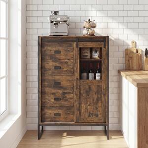 Costway Armadio da terra con porta scorrevole 5 cassetti e ripiani regolabili, Mobile buffet rustico per bagno soggiorno cucina Marrone
