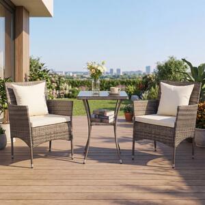 Costway Set da bistrò esterno 3 pezzi con 2 sedie in rattan e tavolo vetro temperato, Arredamento patio per giardino veranda e bordo piscina Beige