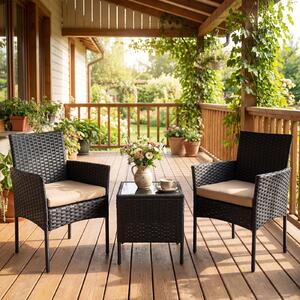 Costway Set mobili da giardino 3 pezzi in rattan con tavolino vetro temperato e 2 poltrone, Arredamento esterno per patio balcone e piscina Giallo