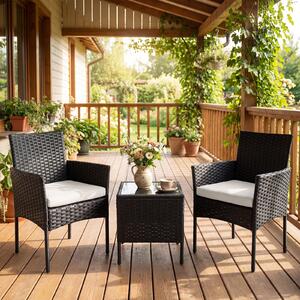 Costway Set mobili da giardino 3 pezzi in rattan con tavolino vetro temperato e 2 poltrone, Arredamento esterno per patio balcone e piscina Beige