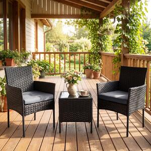 Costway Set mobili da giardino 3 pezzi in rattan con tavolino vetro temperato e 2 poltrone, Arredamento esterno per patio balcone e piscina Grigio