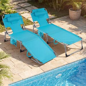 Costway Sdraio giardino pieghevole con schienale regolabile in 4 posizioni, Sedia a sdraio portatile con cusini e tasche laterali Turchese