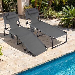 Costway Sdraio giardino pieghevole con schienale regolabile in 4 posizioni, Sedia a sdraio portatile con cusini e tasche laterali Grigio
