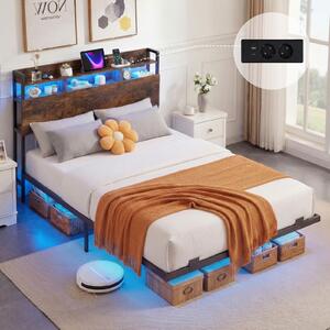 Costway Struttura letto fluttuante matrimoniale con luci led, Letto industriale in metallo con contenitore robusto senza rete a molle Marrone
