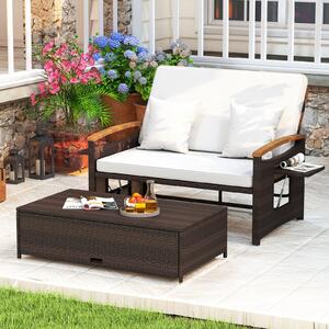 Costway Letto da giorno in rattan per patio con schienale regolabile, Set 2 pezzi con divanetto e pouf per giardino e piscina