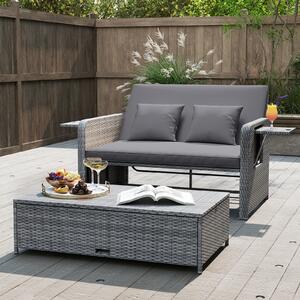 Costway Divano letto in rattan per patio con schienale regolabile e tavolini pieghevoli, Set 2 pezzi con divanetto e pouf per giardino e piscina Grigio 