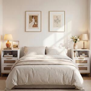 Costway Set di 2 comodini rattan stazione ricarica tavolino letto boho, Comodino ripiano aperto 2 cassetti gambe metallo camera soggiorno ingresso Bianco