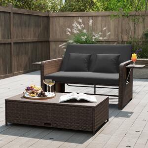 Costway Divano letto in rattan per patio con schienale regolabile e tavolini laterali pieghevoli, Set 2 pezzi con divanetto e pouf per giardino e piscina Nero