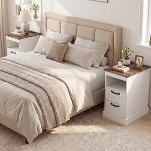 Costway Set di 2 comodini rustico stazione ricarica tavolino stretto mensola aperta 2 cassetti, Comodino camera letto soggiorno dormitorio Bianco