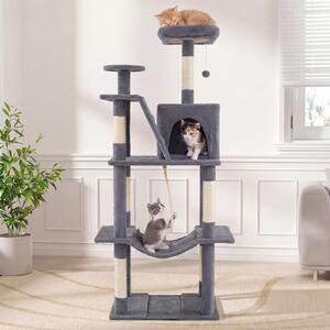 Costway Torre per gatti interno alta 158cm con tiragraffi in sisal e trespolo di peluche, Struttura grande per gattini con grotta amaca e giochi pendenti Grigio scuro
