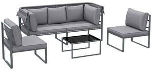 Outsunny Set mobili da esterno, divano 3 posti con baldacchino, 2 sedie, tavolino con piano in vetro, 12 cuscini, struttura in acciaio, grigio | Aosom Italy