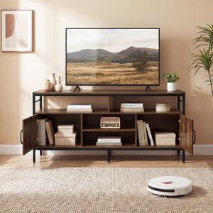 Costway Supporto tv per schermi fino a 65" con 2 armadietti e 4 ripiani aperti, Mobile tv in legno con gambe in metallo per soggiorno Marrone