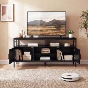 Costway Supporto tv per schermi fino a 65" con 2 armadietti e 4 ripiani aperti, Mobile tv in legno con gambe in metallo per soggiorno Nero