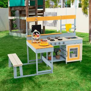 Costway Cucina fango con tavolo da picnic per bambini con panca integrata, Set cucina da esterno dolci e accessori da cucina Multicolore