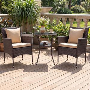 Costway Set da bistrò da esterno 3 pezzi 2 sedie in rattan con cuscini, Set da conversazione per giardino veranda e bordo piscina Marrone