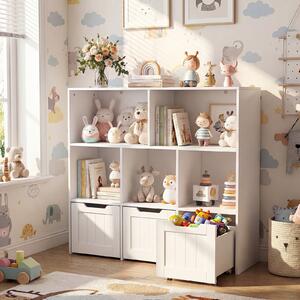 Costway Libreria montessoriana per bambini 5 scomparti aperti 3 cassetti mobili, Contenitore giochi per soggiorno camera bambini studio Bianco