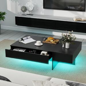 Costway Tavolino da caffè moderno con striscia led con 3 cassetti per soggiorno, Tavolino laccato lucido 120 x 70 x 35 cm finto marmo Nero