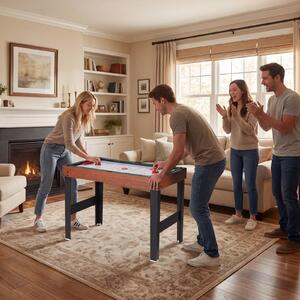 Costway Tavolo da gioco multiuso 4-in-1 con biliardo hockey e ping pong, Tavolo da calcio balilla da 125cm per casa feste bar Marrone