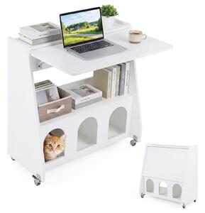 Costway Scrivania per computer con ruote ripiano aperto cuccie per gatti, Tavolo postazione di lavoro in legno moderno salvaspazio Bianco