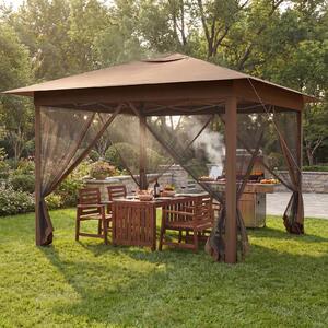 Costway Gazebo pieghevole 3 x 3 m con telo in oxford e 4 lati in rete, Gazebo da giardino perfetto per campeggio e feste all’aperto Marrone