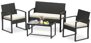 Costway Set mobili da giardino a 4 pezzi con piano in vetro temperato, Set da conversazione in rattan con 1 divano 2 posti Beige