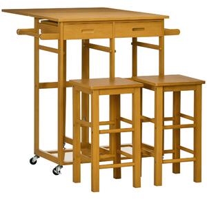 HOMCOM Carrello da Cucina con Tavolino Pieghevole e 2 Sgabelli, Ruote e Cassetti in Legno di Bambù | Aosom Italy