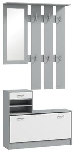 HOMCOM Mobile Appendiabiti 3 in 1 con Scarpiera e Specchio, Ganci e Cassetti, in Legno, 90x10x102 cm, Bianco e Grigio