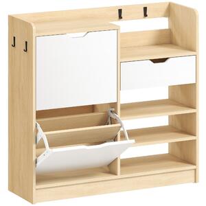 HOMCOM Scarpiera Ingresso con Cassetto Ripiani Aperti 4 Ganci per 14 Paia di Scarpe Naturale e Bianco | Aosom Italy