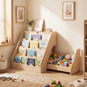 Costway Libreria per bambini 2 in 1 con coperchio ribaltabile, Scaffale per libri a 4 livelli con carrello su ruote Legno naturale
