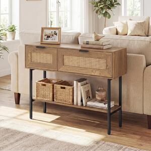 Costway Consolle ingresso a 2 ripiani con 2 scomparti finitura in rattan PE, Console moderna salvasapzio per corridoio soggiorno Legno naturale
