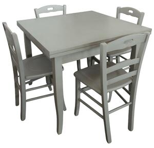 Set tavolo quadrato shabby grigio anticato 90x90 100x100 allungabile con 4 sedie seduta legno