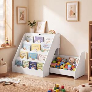 Costway Libreria per bambini 2 in 1 con coperchio ribaltabile, Scaffale per libri a 4 livelli con carrello su ruote Bianco
