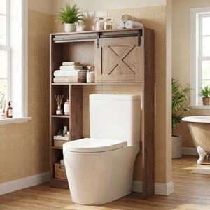 Costway Organizzatore da bagno indipendente con porta scorrevole ripiani di stoccaggio, Armadietto della toilette Marrone scuro