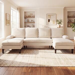 Costway Divano angolare con 4 comodi cuscini 2 braccioli ampi e gambe di supporto stabili, Divano da interno morbido con telai in legno e metallo Beige