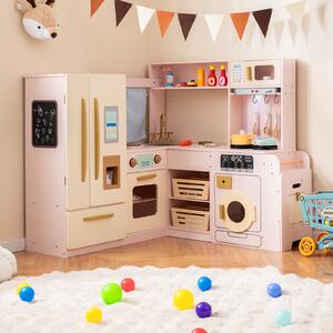Costway Cucina angolare giocattolo da gioco ad angolo con luci e suoni, Cucina angolare giocattolo set frigorifero a doppia porta Rosa