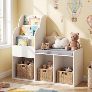 Costway Libreria montessori con panca imbottita per bambini, Scaffale bianco a 3 livelli porta giochi libri con 3 vani portaoggetti in legno