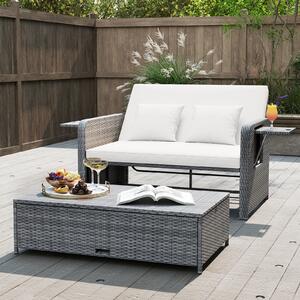 Costway Divano letto in rattan per patio con schienale regolabile e tavolini pieghevoli, Set 2 pezzi con divanetto e pouf per giardino e piscina Bianco