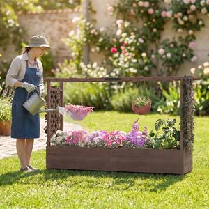 Costway Fioriera rialzata con traliccio tettoia e fori di drenaggio, Letto da giardino rialzato in legno per fiori verdure erbe e piante rampicanti Marrone
