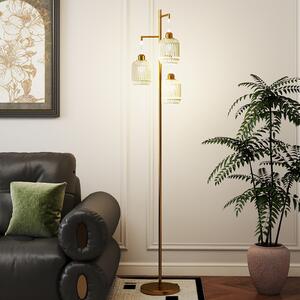 Costway Lampada da terra salotto e27 con 3 paralumi a gabbia interruttore a pedale e base ispessita, Piantana lampada lettura e lavoro stile vintage Oro