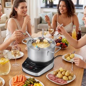 Costway Set fonduta elettrica 3 l temperatura regolabile in acciaio inox rimovibile e lavabile, Fondue con 6 forchette pentola antiaderente e paraspuzzi