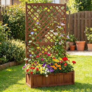 Costway Orto rialzato da giardino 180 cm ottimo drenaggio e ventilazione, Fioriera con spalliera in legno massello Marrone
